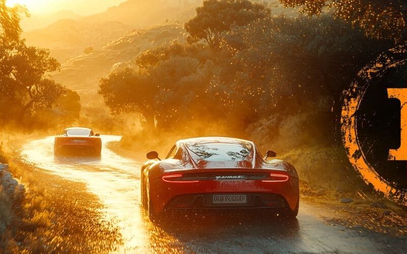 Sportwagen im Sonnenuntergang mit Bitcoin Zeichen