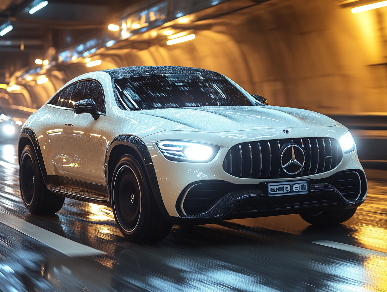 A white Mercedes racing in a tunnel 