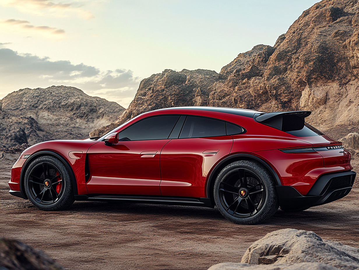 A red Porsche is parking behind the mountains 