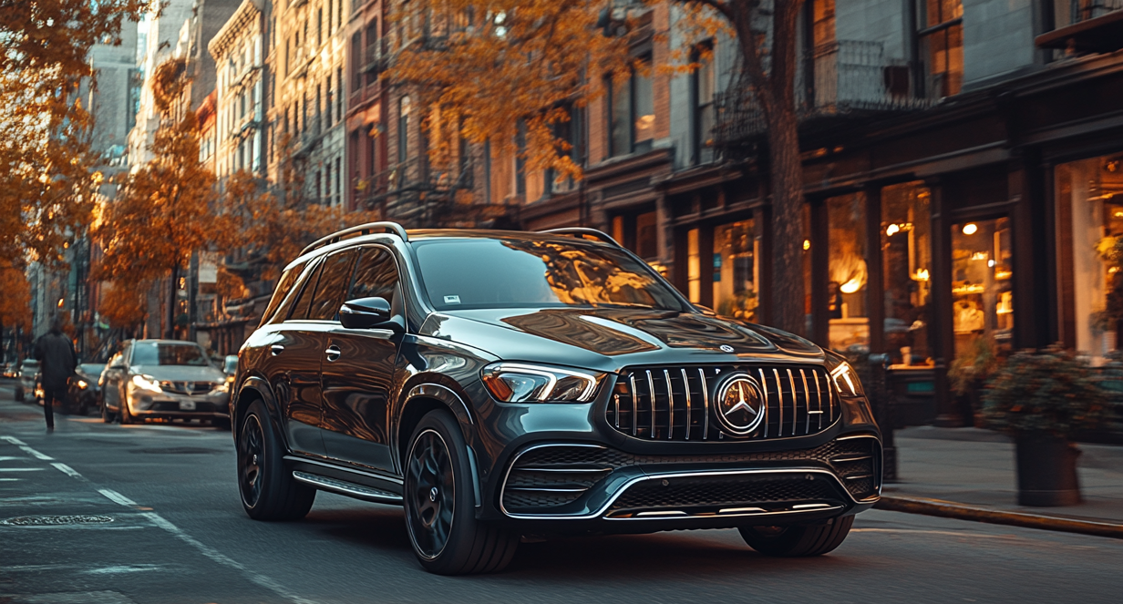 A black Mercedes GLE 2025 is driving in the midtown