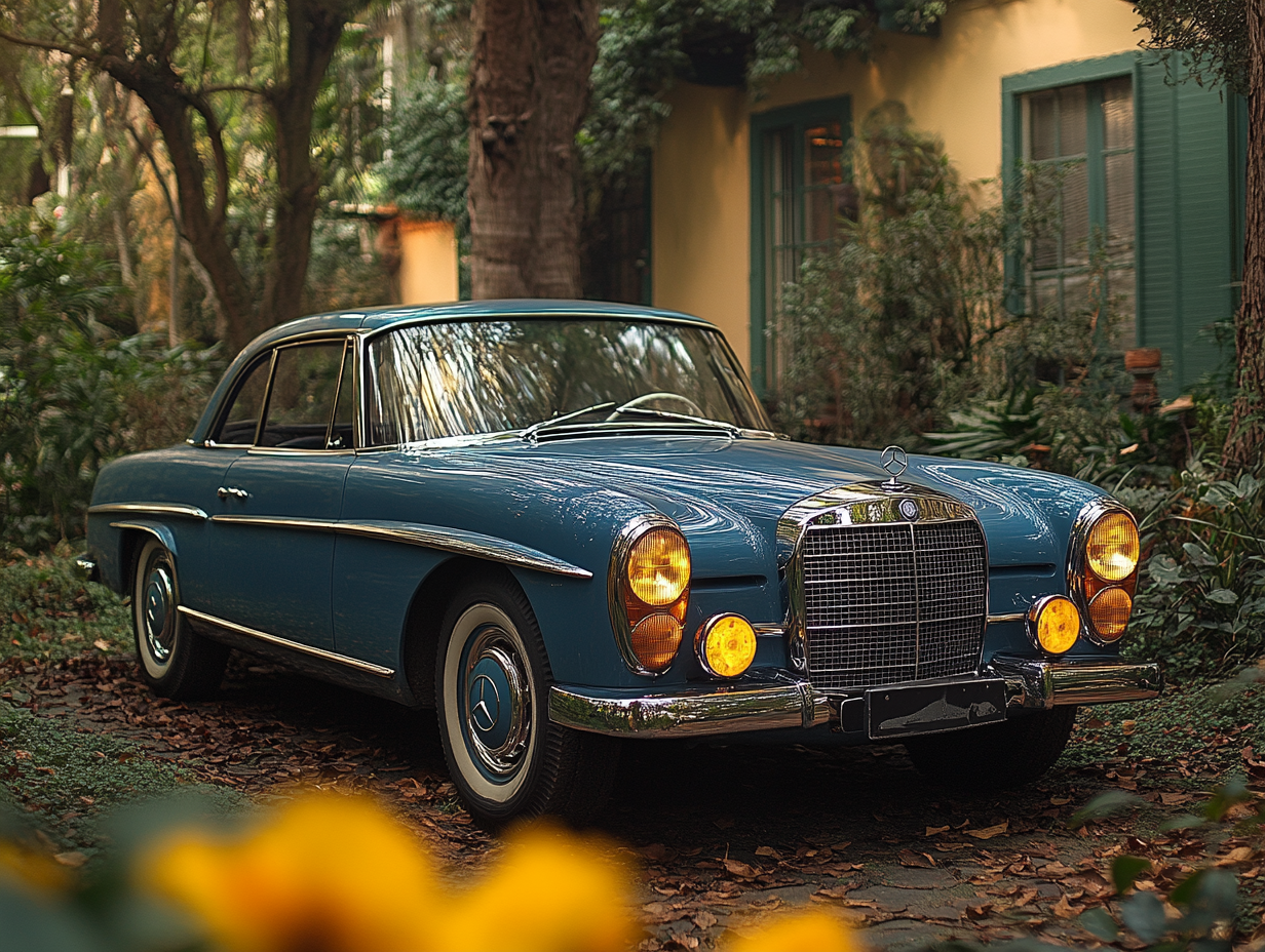 A blue classic Mercedes is parking next to a beautiful house