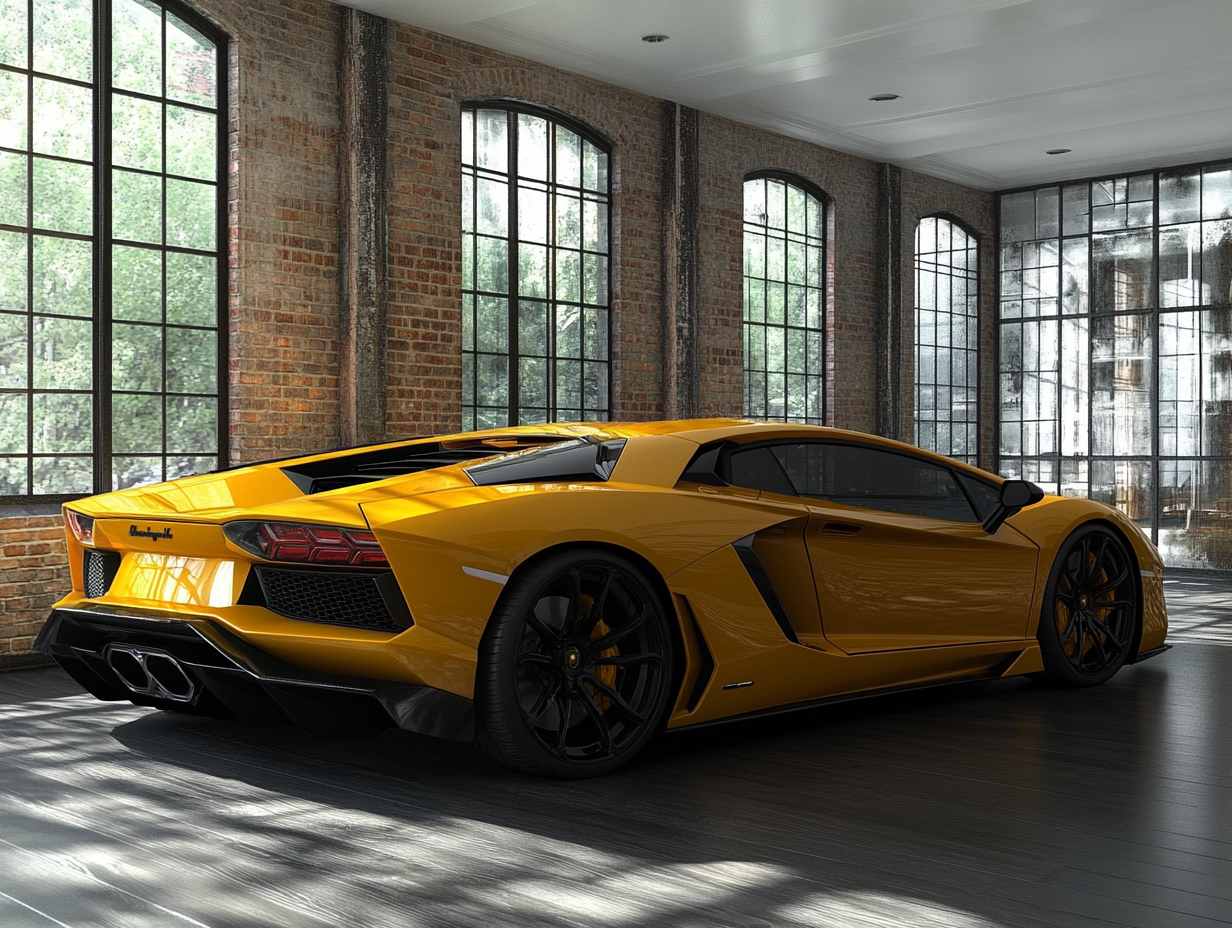 A yellow Lamborghini parking in a Villa