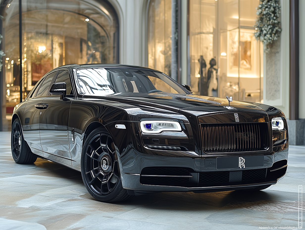 A black Rolls Royce in a beautiful castle