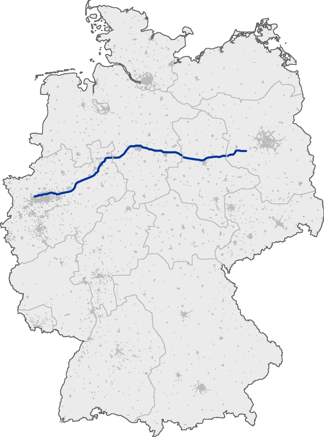 Map of Germany displaying the route of Bundesautobahn A2 across central Germany.
