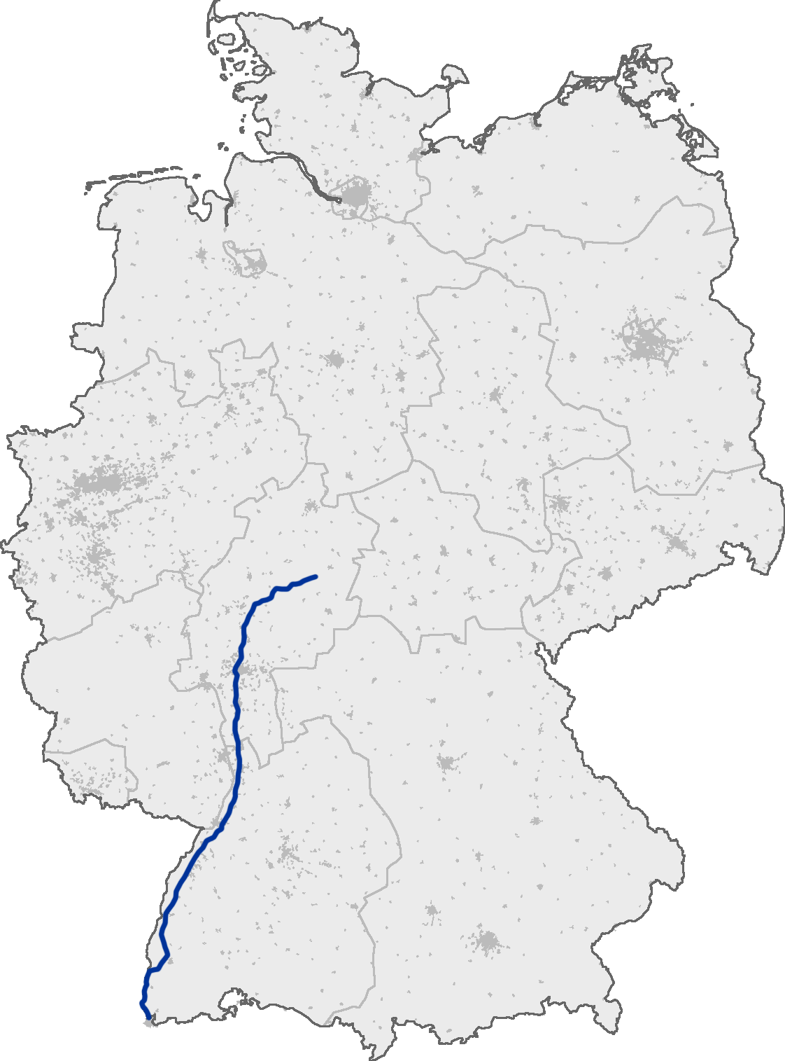 Map showing the A5 Autobahn running from the Swiss border at Basel northward through western Germany.