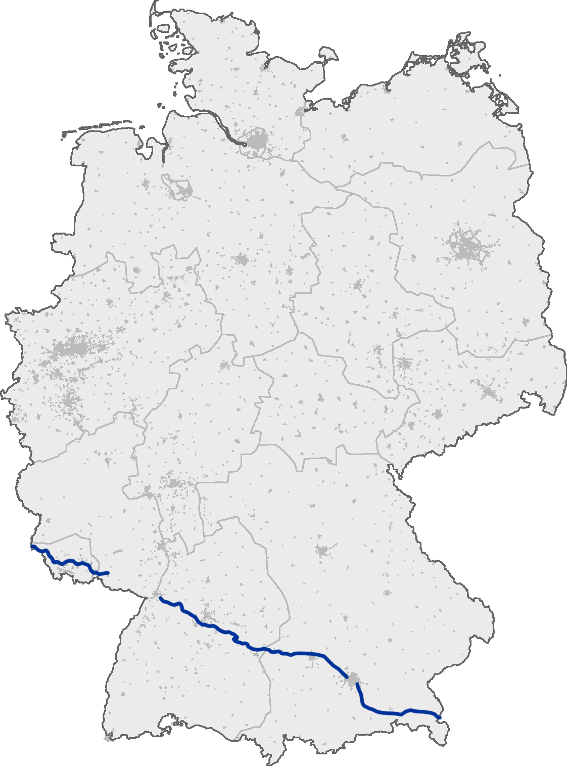Route map of the A8 Autobahn cutting across southern Germany from Luxembourg to the Austrian border.