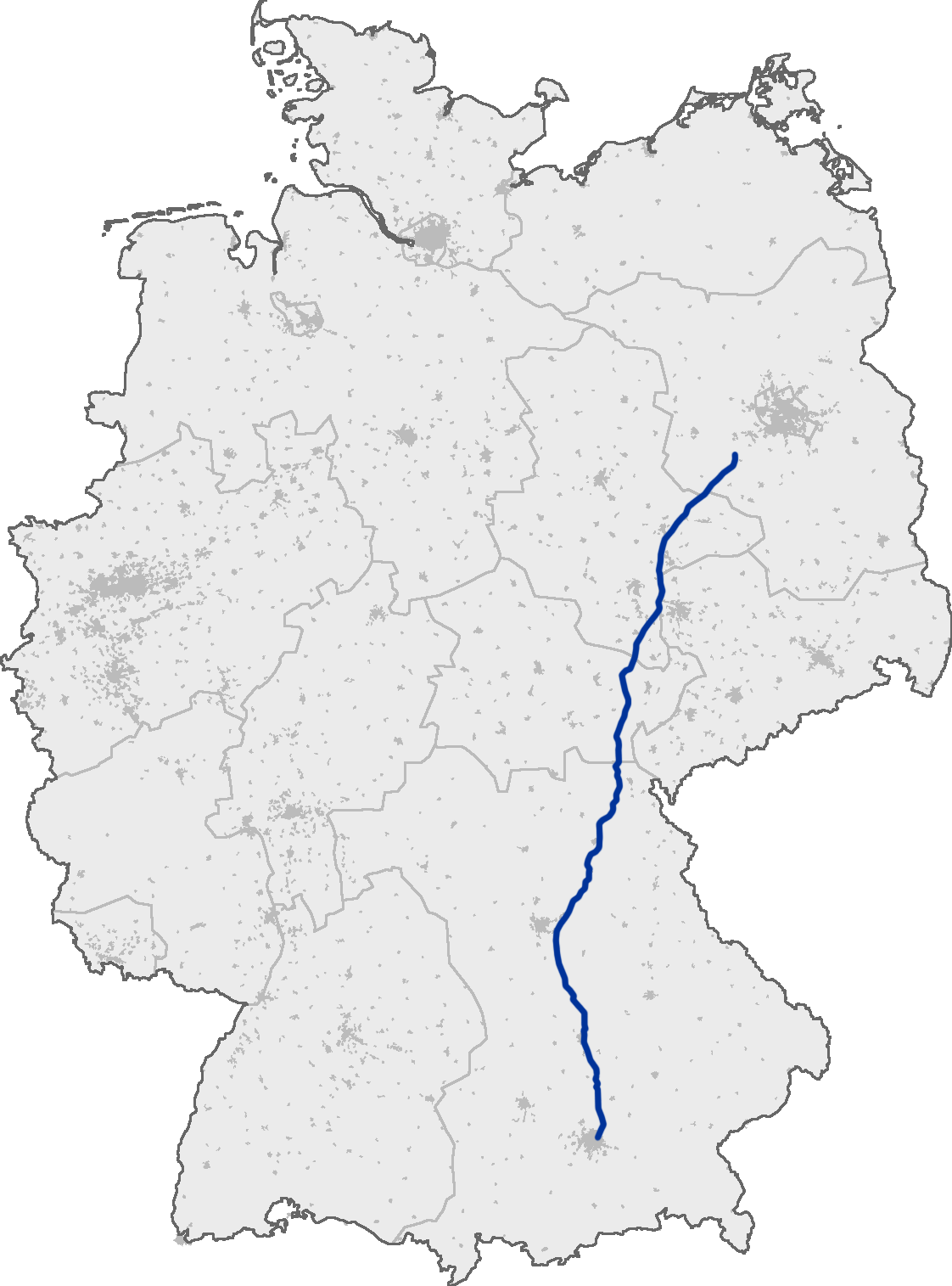 Map of Autobahn A9 running through central Germany, connecting Berlin with Munich.